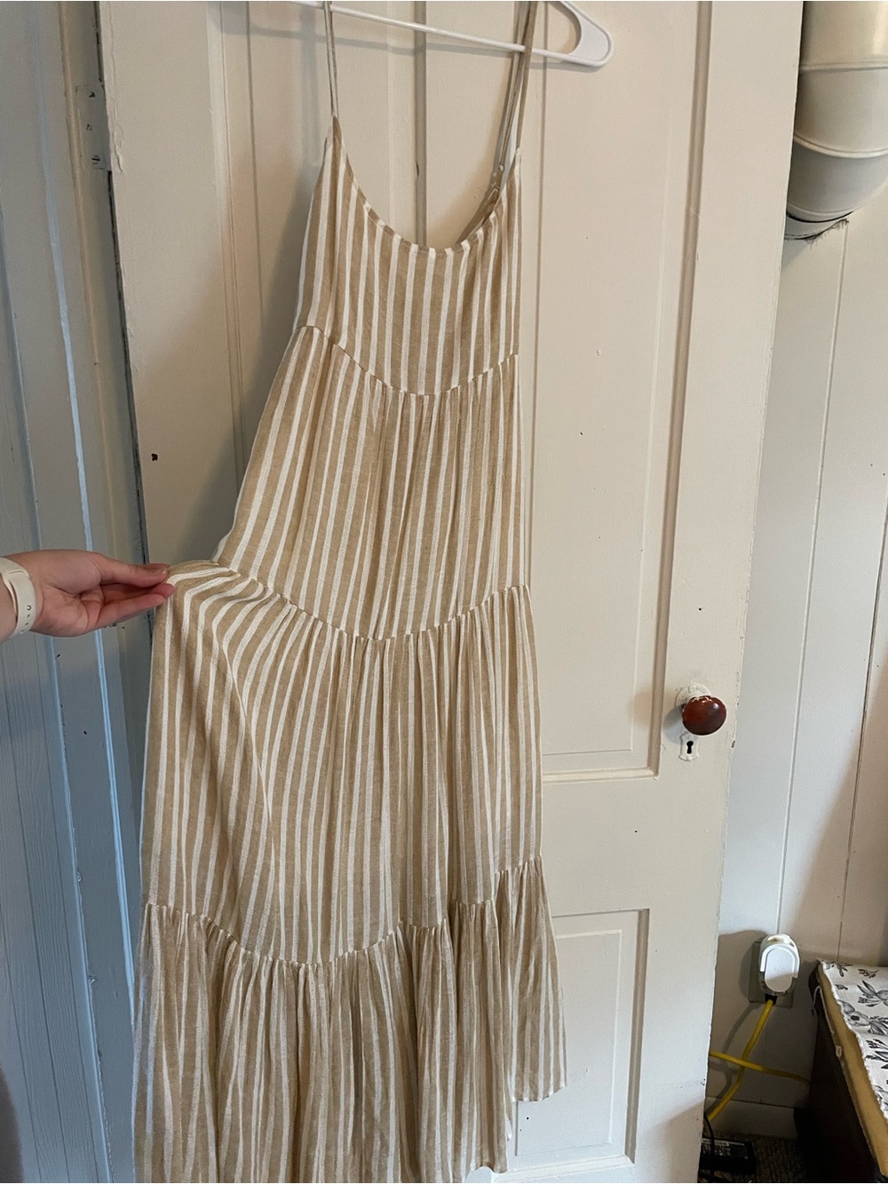 Elan Beige and White Striped Tiered Maxi Slip Dress
